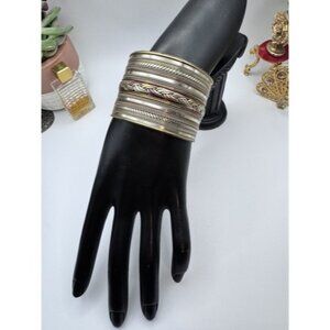 Vintage Brass Copper Bracelet Mixed Metals Ornate Boho Wide Cuff Wire Pattern